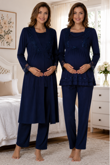 Effortt 2018L Lacivert Kolay Emzirme Özellikli Sabahlıklı Lohusa Pijama Takımı Effortt 2018L Lacivert Kolay Emzirme Özellikli Sabahlıklı Lohusa Pijama Takımı